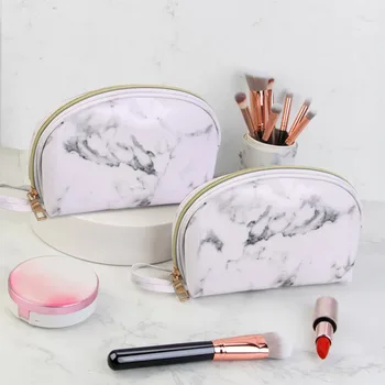 

MAANGE NEW PU women make up bag Semi-circular Storage Bag Marble White (inner Grid + With Lanyard) cosmetic bag cases