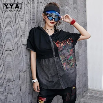 

Summer New Casual Short Sleeve Single Breasted Hooded Womens Shirts Denim Patchwork Patchs Print Loose Oversize Tops Streetwear