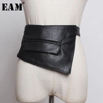 

[EAM] Pu Leather Black Pocket Bandahe Long Wide Belt Personality Women New Fashion Tide All-match Spring Autumn 2020 1K968