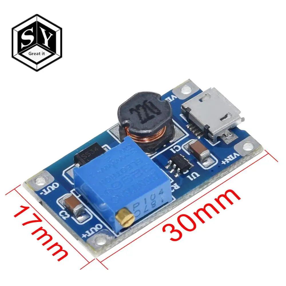 1 шт. Great IT MT3608 2A Max DC-DC Повышающий Модуль питания усилитель мощности 3-5 в до 5 В/9 В/12 В/24 В