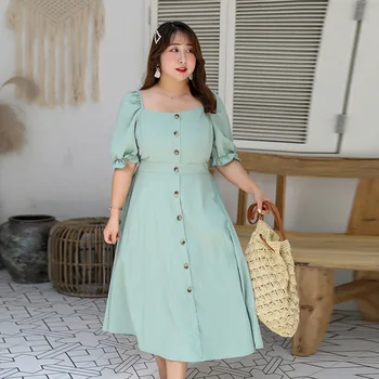 

Women's summer solid color button ruffle dress plus size calf length casual dress 100 kg can be worn