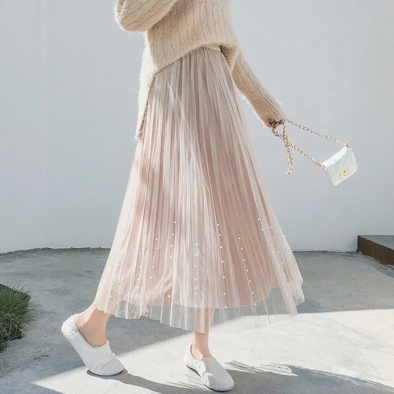 Бархатные плиссированные сетчатые юбки с вуалью в виде буквы, Женская юбка в Корейском стиле, новинка, осенняя длинная вуаль