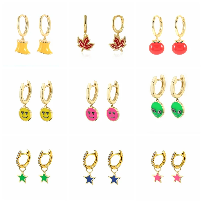 AIDE 925 Sterling Silver Huggie Earrings For Women Enamel Fruits Star Smiley Hoop Earring