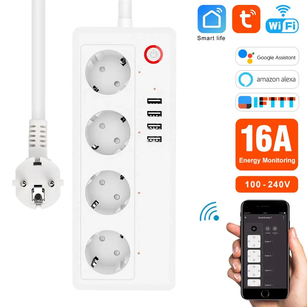 Умная полоса питания Tuya 16A 4 выхода 3.1A USB удлинитель умный дом Голосовое