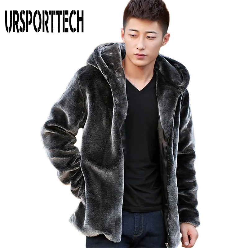 

URSPORTTECH Autumn Winter Grey Mens Faux Fur Mink Jacket Short Hooded Plush Fluffy Coat Male Plus Size 4xl 5xl Warm Overcoat