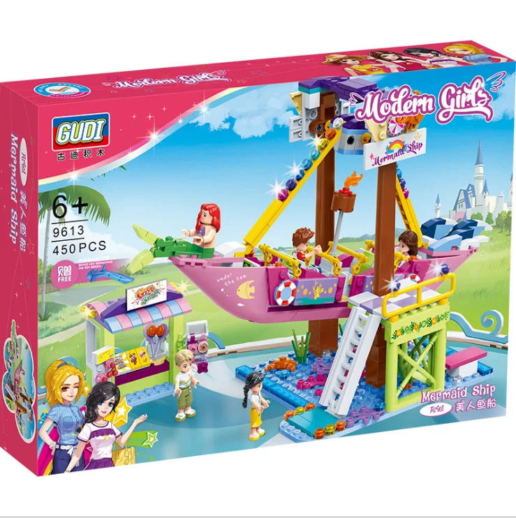 Girl Amusement Park Series Assembled Building Blocks Girl Puzzle Assembly Assembled Plastic Building Blocks Toys Mermaid Ship 45