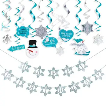 

Winter Wonderland Party Swirls Hanging Decorations Happy Birthday Banner Ice Snow Garland Birthday Baby Shower Christmas