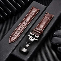 Premium Genuine Leather Watchband with Butterfly Buckle - Elegant Men's Strap Accessory - 22mm (Black brown)