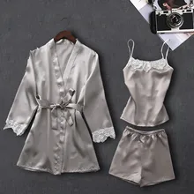 Сексуальное женское белье, пижамы для женщин, Kigurumi, домашняя одежда, ночная рубашка, атласная, шелковая, кружевная, ночное белье, ночное белье, платье, 3 шт., костюмы, платье