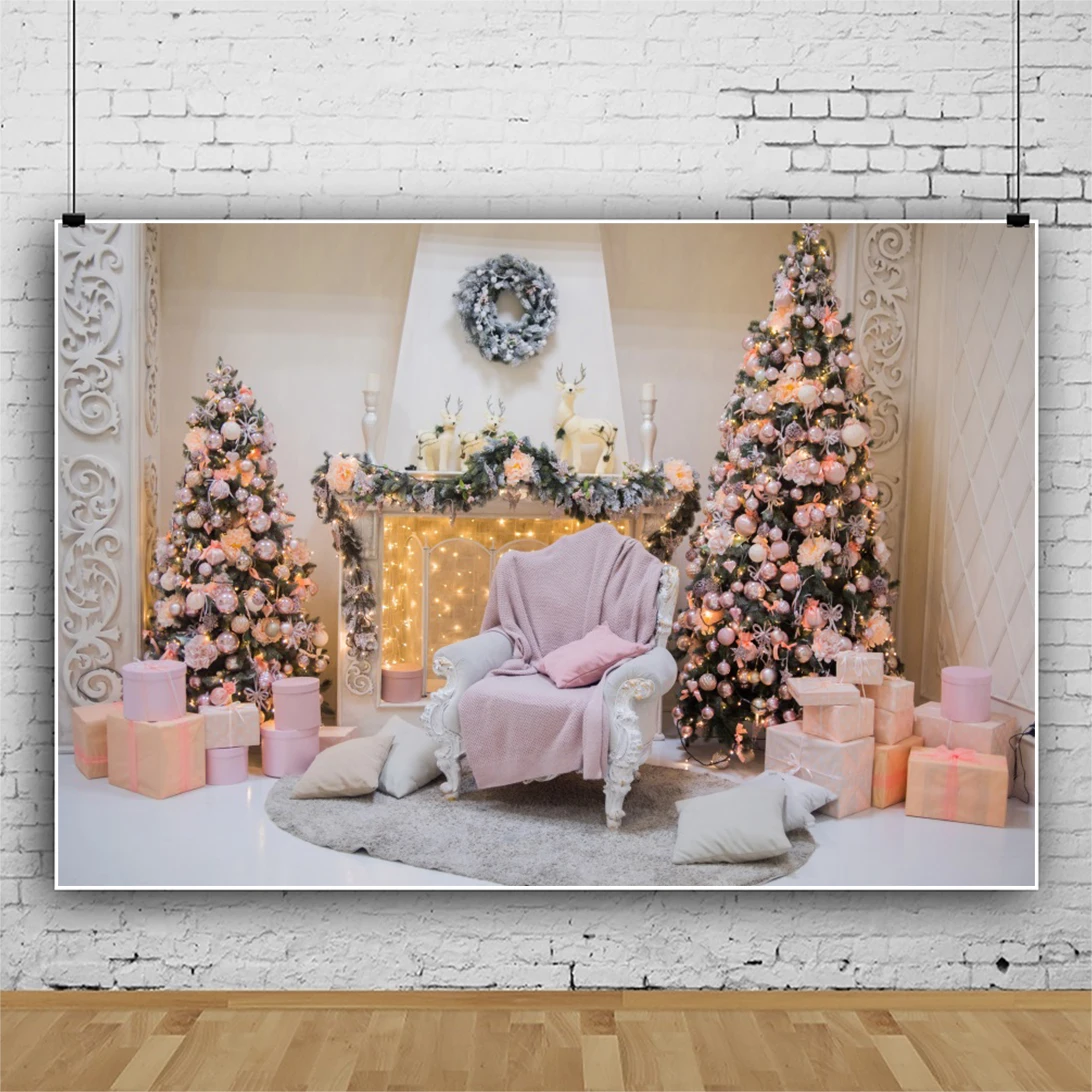 

Laeacco Merry Christmas Tree Photo Backdrops Fireplace Sofa Gift Interior Scenic Child Family Photocall Photographic Background