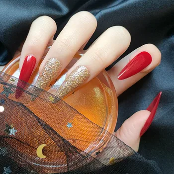 

24pcs press on nails long Wine red Flash powder Sharp point long paragraph artificial nails with glue for girls