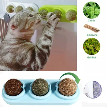 

3pcs Rotated Catnip Treat Cat Ball Sugar Energy Snacks Pet Catnip Lick Ball Self-adhesive Wall Mount Kitten Molar Teething Toy