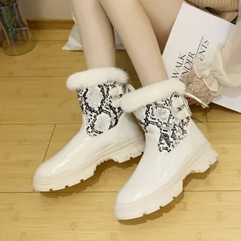 

New Women Snow Boots Fashion Serpentine Warm Plush Ankle Boots Female Comfortable Lace Up Flats Shoes Winter Outdoor SnowBoots