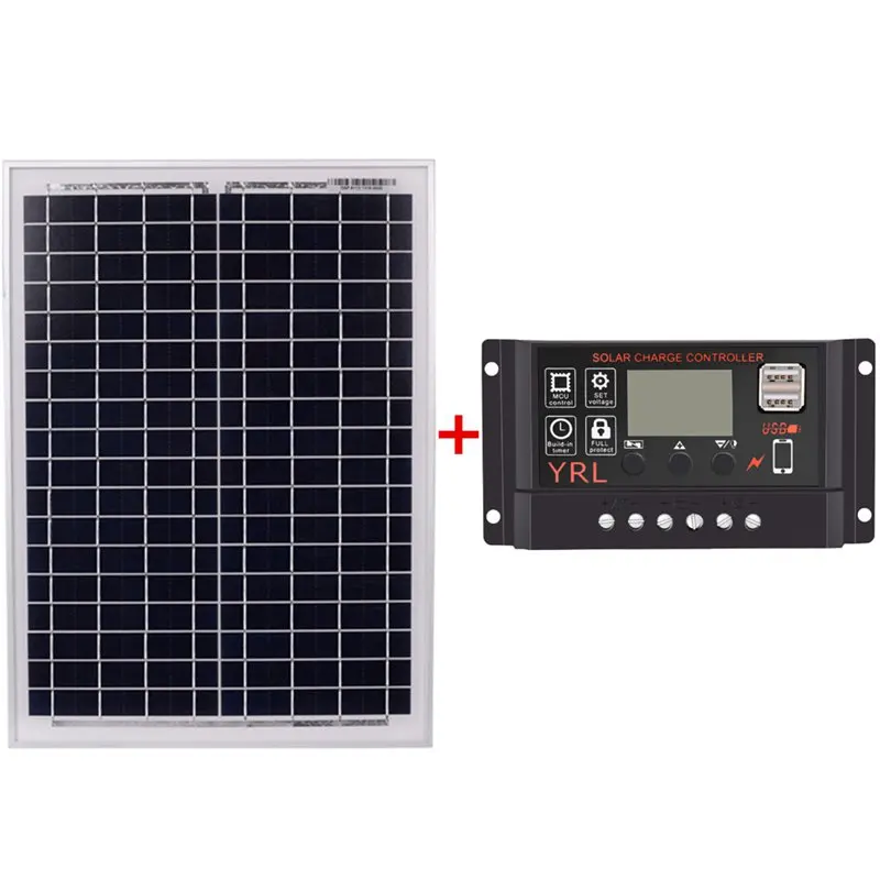 

Black 18V20W Solar Panels + 12V/24V Solar Controller With Usb Interface Battery Travel Power Supply (50A)