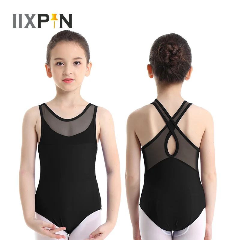 iixpin Kids Girls One-Piece Sleeveless Mesh Splice Cutout Back Leotard for Ballet Dance Gymnastic Workout