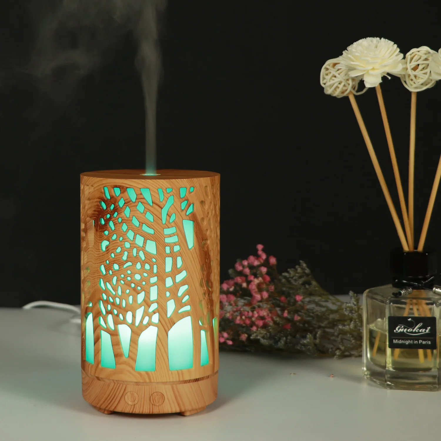 Hollow out Aroma Diffuser Cylindrical Wood Grain Air Purification Fragrance Machine Ultrasonic Colorful Ambience Light Wood Grai