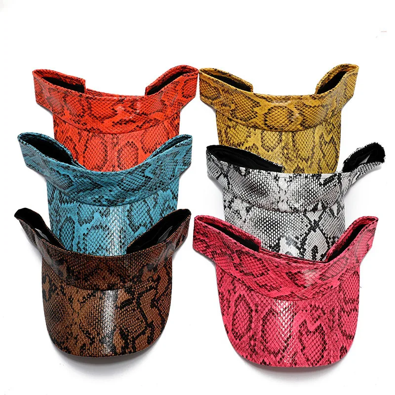 Men Women's PU Leather Snakeskin Visor Cap Sun Protection Beach Traveling Club Visor Hat Red Blue Brown 2