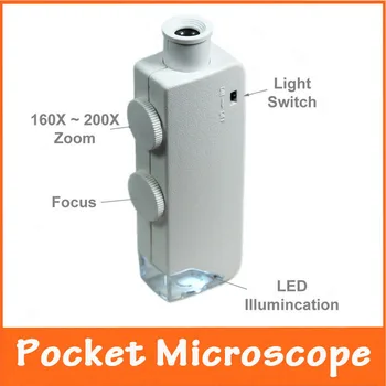 

160X-200X White Zoom Focus Magnification Jewelers LED Pocket Microscope Handheld Illuminated Portable Magnfier with Light Source