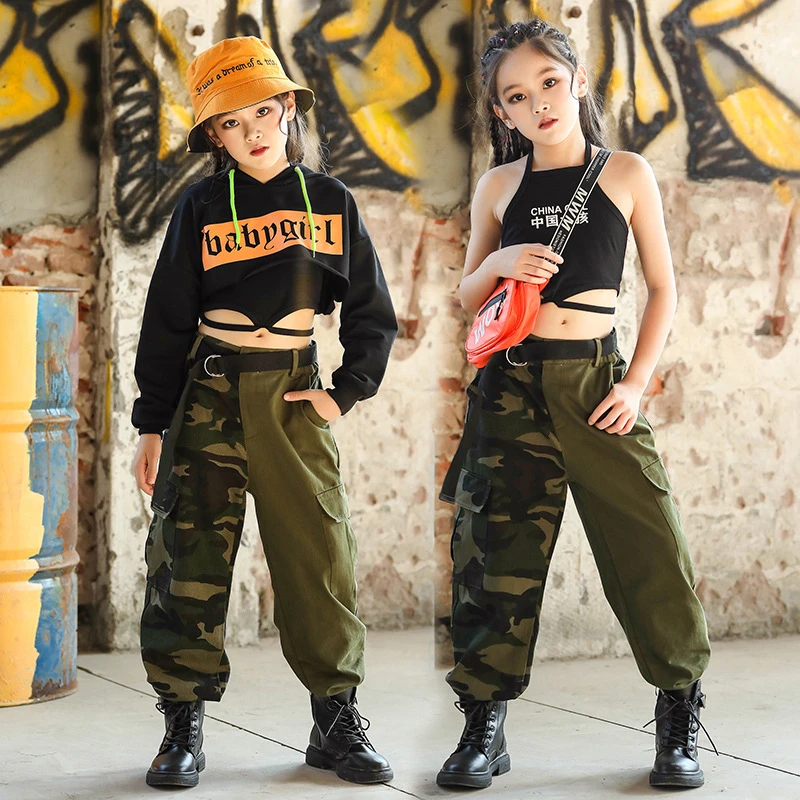 Pantalones de camuflaje de Hip Hop para niñas, Tops con tirantes, ropa de baile de Jazz, traje fresco, ropa de para adolescentes, disfraces de moda| | - AliExpress