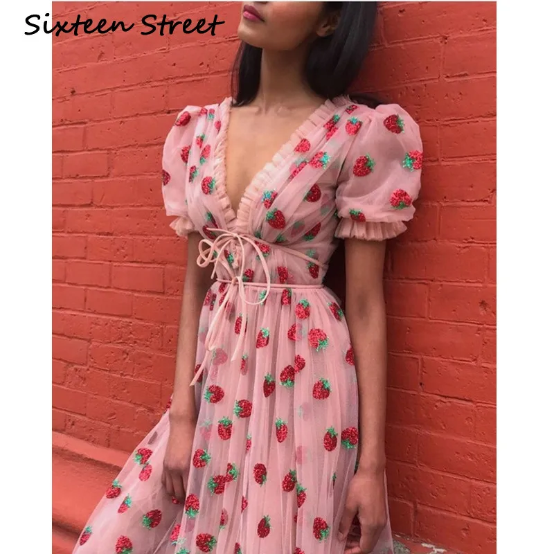 

Pink Strawberry Mesh V Neck Dress Woman Short Sleeve 2020 New Summer Puff Sleeve Runway Design Vestido Casual Dress Party Female