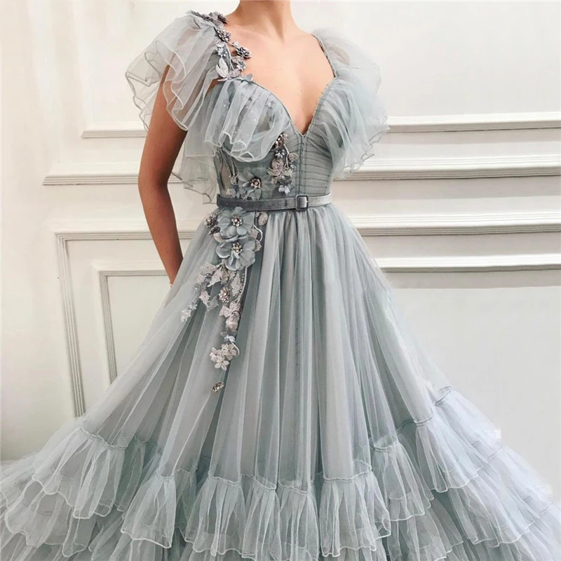 Latest Design Grey V-Neck Sexy Evening Dresses 2020 Sleeveless A-Line Handmade Flowers Formal Dress (2)