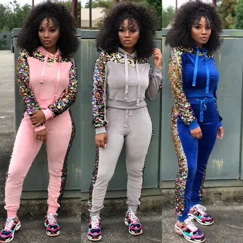 

Wjustforu Fashion Sequin Hoodies Tracksuit Women Pullover Sweatshirt + Skinny Pencil Pants Female Club Two Piece Set Vestidos