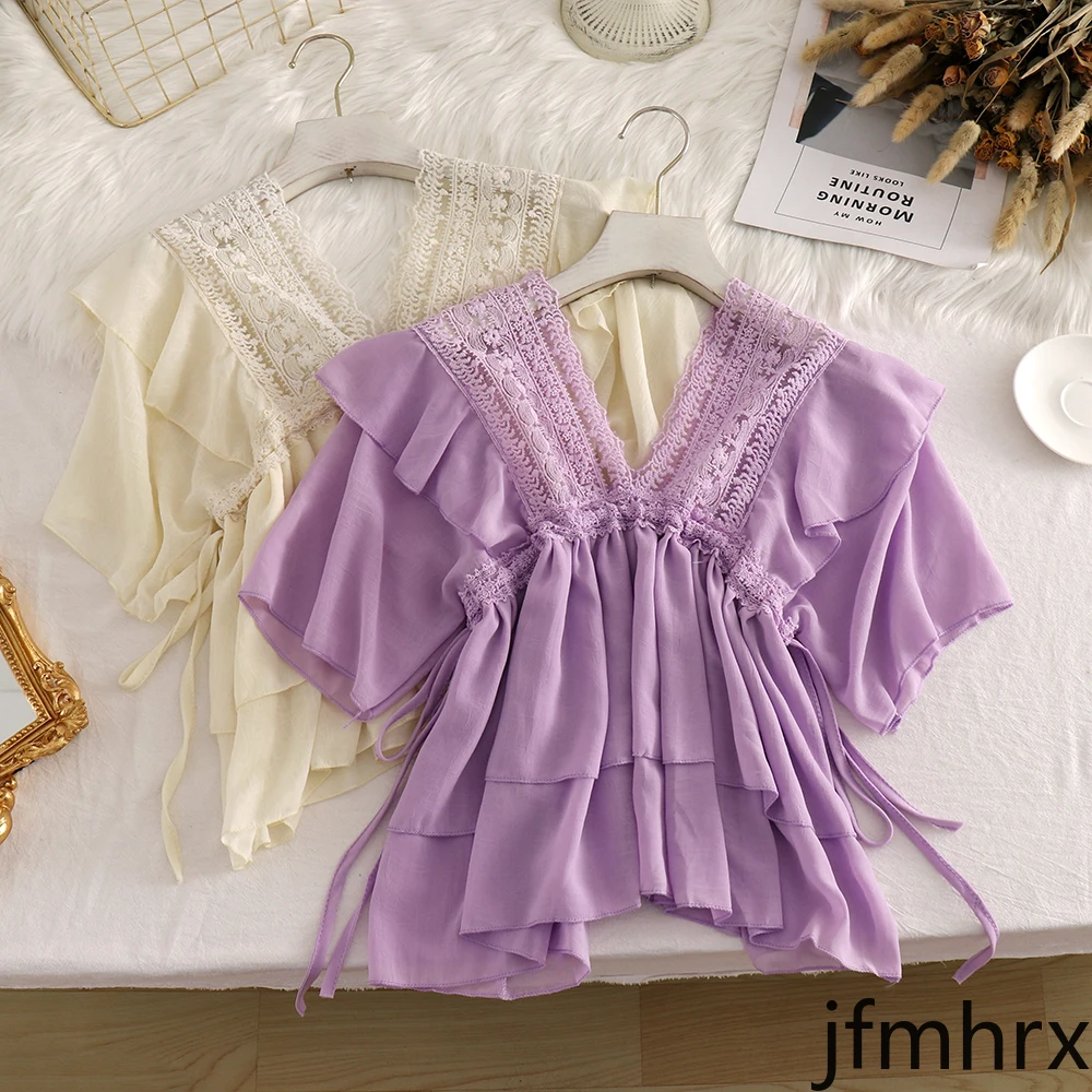 

2020 New French Niche Scheming Two-layer Ruffled Lace Chiffon Shirt Drawstring Folds Slimming Tops Jfmhrx Blouse Women