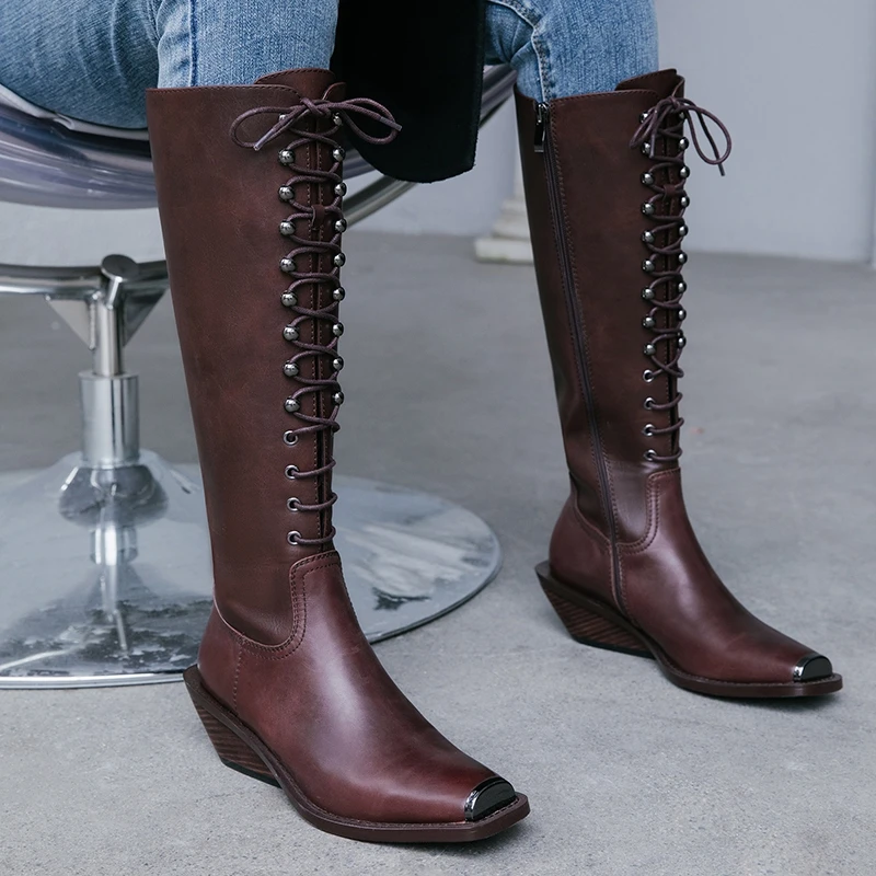 

2020 top quality genuine leather shoes women Motorcycle Boots square toe zip vintage wedges knee high boots female