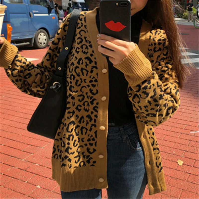 

Fashion Vintage Leopard Print Long Sleeve Cardigan Women Elegant Korean Single Breasted Knitted Sweater Coat