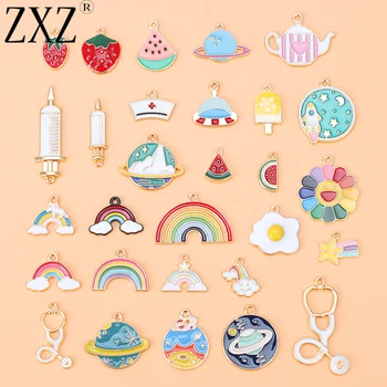 

ZXZ 10pcs Enamel Oil Drop Strawberry Watermelon Kettle Syringe Earth Rainbow Charms Beads For Necklace Jewelry Making Findings
