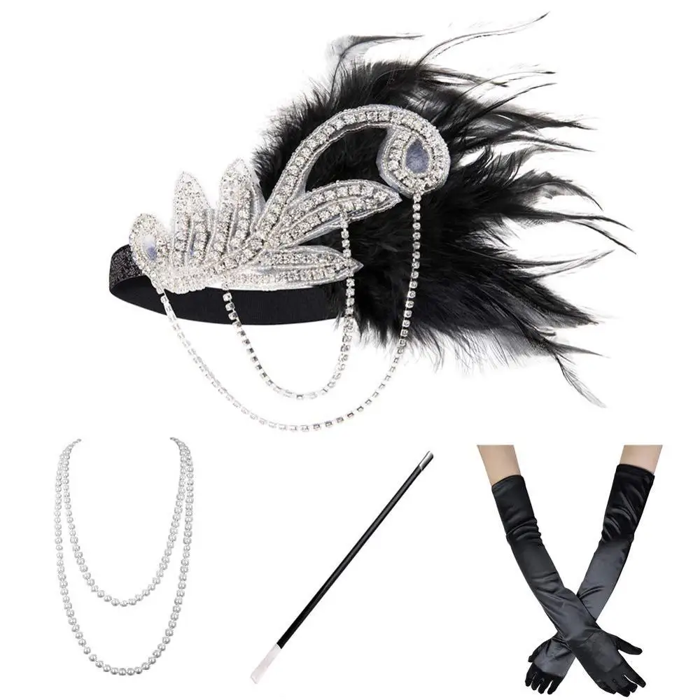 1920s костюм девушки-флаппера Gatsby аксессуары набор для женщин Ревущие 20 ободок с сережками ожерелье перчатки сигарета держатель золото, вино - Цвет: Silver  Set