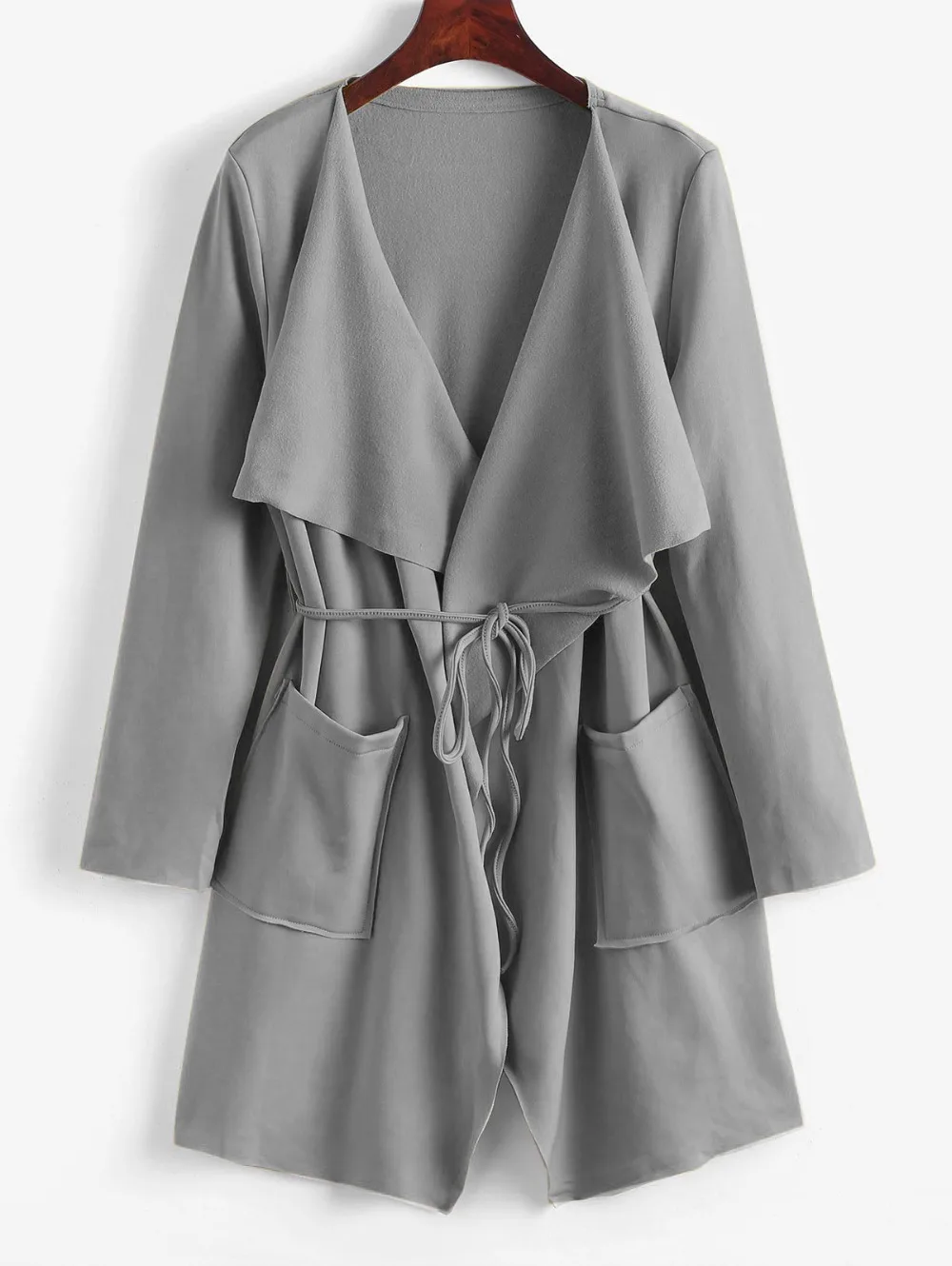 ZAFUL Patched Pockets Belted Waterfall Turn-Down Collar Long Sleeve Solid Color Skirted Coat For Women Autumn Longline Overcoat