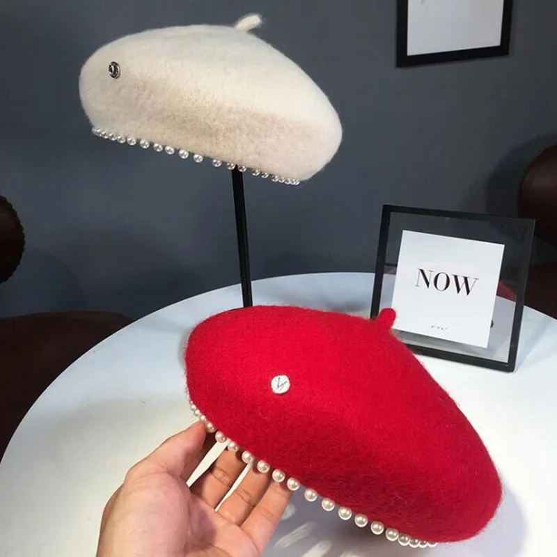 

2021 Women's Cap Wool Berets Hat Elegant pearl Letter Vintage Female Warm beret Hats Girls Flat cap beret for women