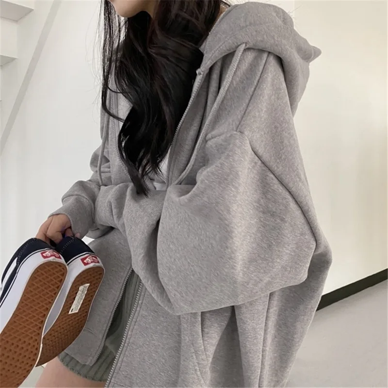 Women Korean Version Loose Hoodies Long Sleeve Zip Up Solid Pocket Oversized Sweatshirts Female Thin Harajuku Hooded Coat Top