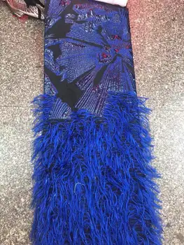 

Wholesale French fringed lace fabric with feather high quality handmade African glitter sequined fabric for royal wedding dress