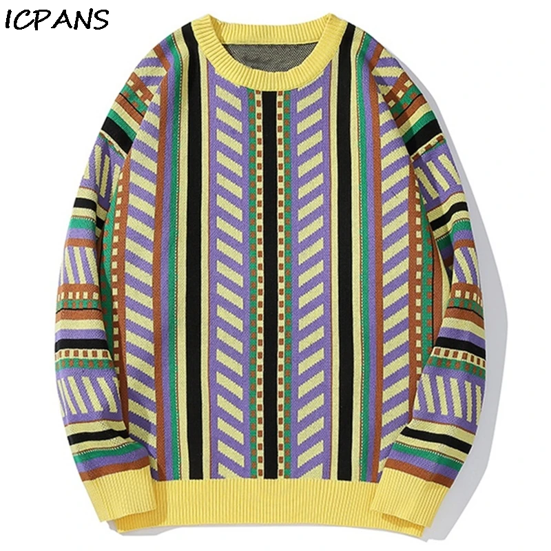 

ICPANS Striped Knitted Winter Pullover Sweaters Hip Hop Hipster Casual Sweater Streetwear Unisex Loose Oversized Outwear Tops
