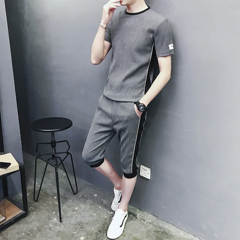 

2018 Summer New Style Men's Suit Short Sleeve T-shirt Capri Pants Men Casual Sports Clothing Men's Casual Suit