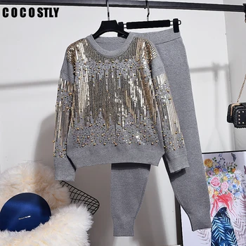 

Autumn Tracksuit Women's Sets Embroidery Sequins Long Sleeve Knitted Sweater+Loose Casual Harem Pants Female Suits Two Piece Set