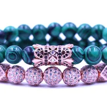 8mm 2PCS/Set rose gold xzg43 elastic adjusted nature malachite bead micro pave cz zircon cubic zirconia tube Bracelet