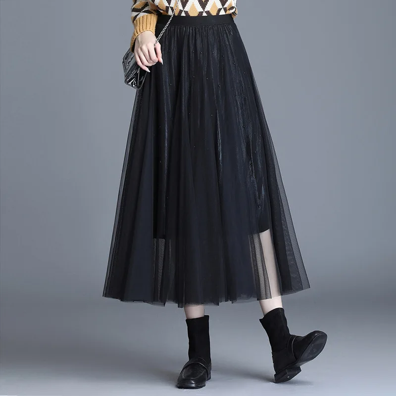 

2019 Autumn And Winter New Style Douyin Celebrity Style Mesh Dress WOMEN'S Skirt Beads Gauze Puffy Cake Dress Immortal Fairy Ski