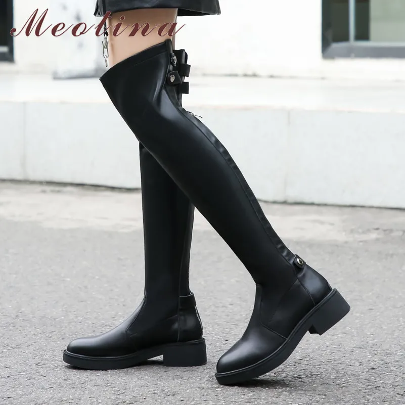

Meotina Autumn Over The Knee Boots Women Natural Genuine Leather Thick Heel Thigh High Boots Sexy Slim Zipper Shoes Lady Size 39