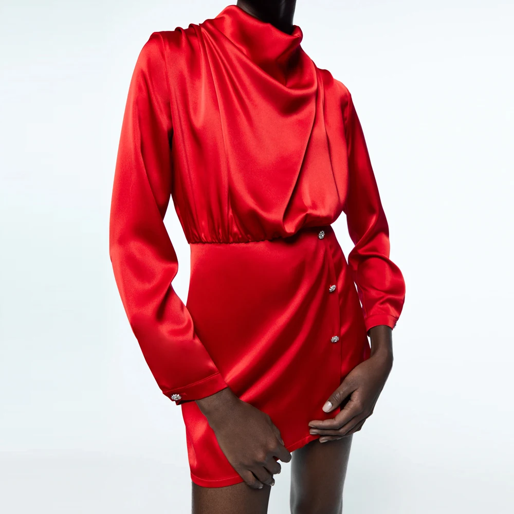 Za Satin Playsuit Red Long Sleeve Short Jumpsuits 2022 Women Elegant High Waist Rompers Autumn Winter Ladies Casual Bodysuit |