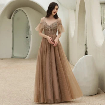 

BEPEITHY V Neck Khaki Evening Dress Party Elegant For Women A-Line Floor Length Detachable Sleeves Vintage Prom Gown Formal 2020