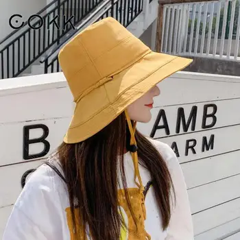 

COKK Sun Hat Women Summer Bucket Hats Wide Brim Fisherman Hat With Windproof Rope Korean Sunhat Suncreen Beach Hat Cap New Solid