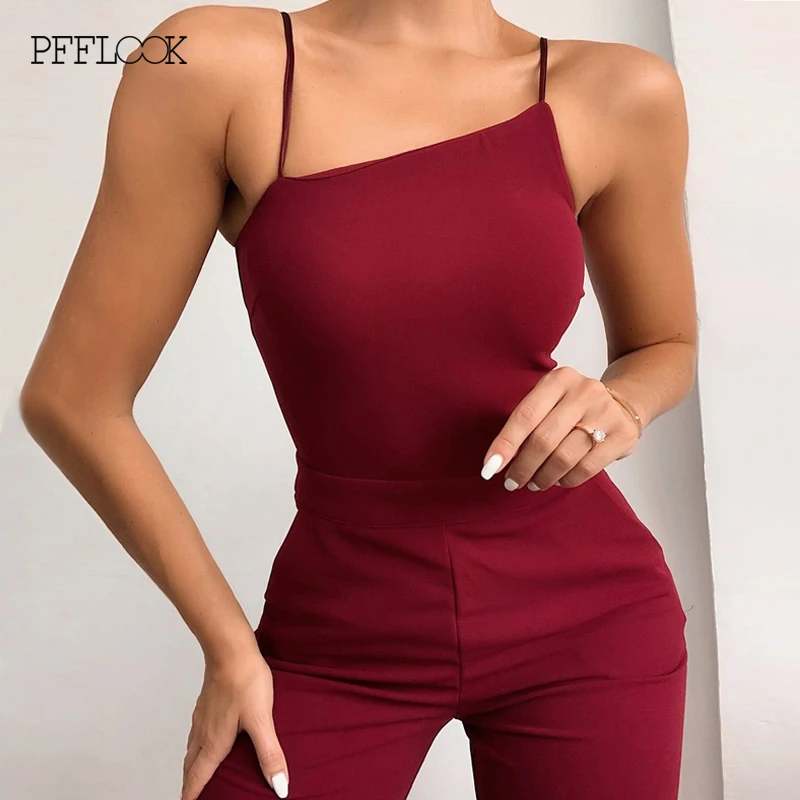 Летний красный женский комбинезон PFFLOOK на бретелях спагетти с открытой спиной