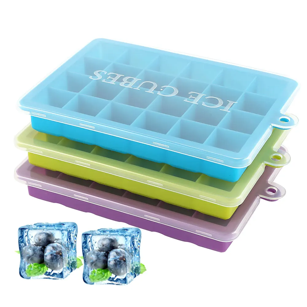 3 Colors 24 Grid Silicone Mold Ice Cube Tray with Lid for Ice Cube Maker Eco-Friendly Small Fruits Mould for Wine Bar Drinking