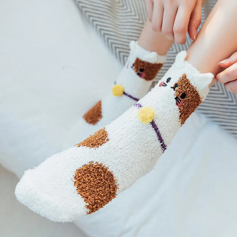 Милые теплые коралловые бархатные носки для женщин; толстые носки в горошек с рисунком кота; женские зимние забавные носки для сна; Calcetines meias