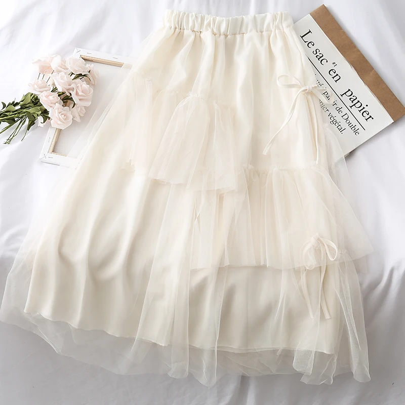 Neploe/сетчатая юбка с высокой талией на шнуровке с бантом, дизайн S Line Jupe Femme, однотонная нестандартная осенне-Весенняя верхняя одежда, элегантные юбки 48067 - Цвет: apricot