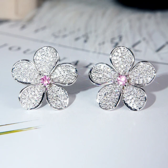Huitan Pink Color Girl's Lovely Stud Earrings Fashionable Versatile Jewelry High Quality Silver Color Flower Earrings for Women 2