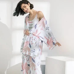 3 Pcs Women Pajamas Set Female Pyjama Loose Viscose Floral Printed Sleepwear Star Nightwear Spring Summer Robe